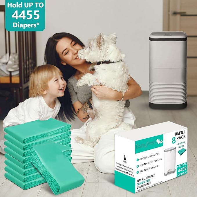 Nine-Pack Diaper Pail Refill Bags Holds 5000 Diaper – Extra-Thick Multi-Layer with Fresh Scent to Control Odors - Compatible with Traditional-Sized Diaper Pails - Durable Diaper Pail Liner Refill