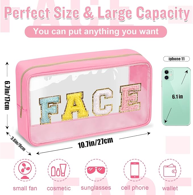 Chenille Letter Clear Makeup Bags Face Pouch, Preppy Patch Makeup Bag with Zipper, Transparent PVC & Nylon Waterproof Portable Glitter Cosmetic Bag Travel Toiletry Storage for Women Girl(FACE-Pink)