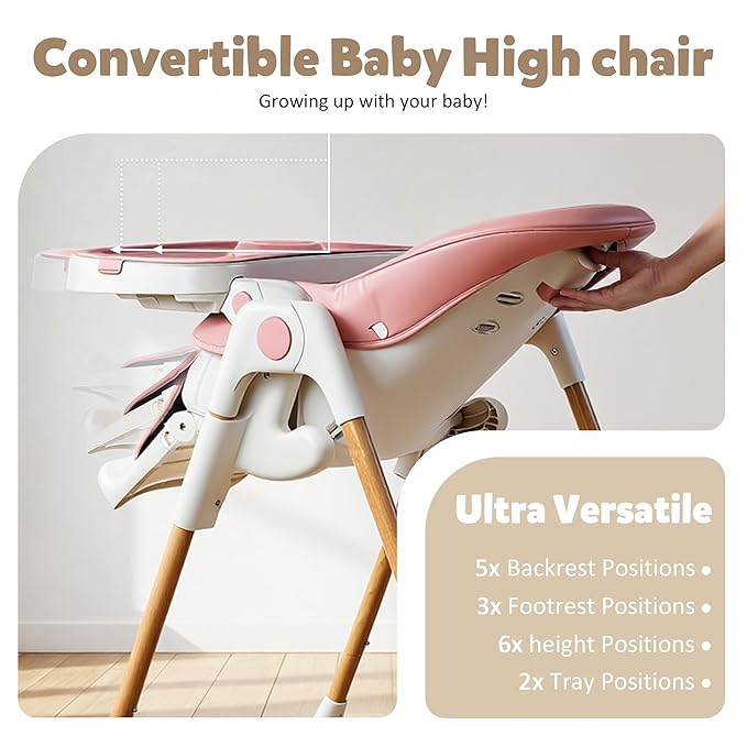 TODEFULL 3 in 1 Foldable Baby High Chair, Infant High Chairs for Babies and Toddlers, 6 Height & 5 Recline Adjustable Toddler Feeding Chair, 2 Tray Depth & 3 Footrest Angles, 2 Built-in Wheels, Black