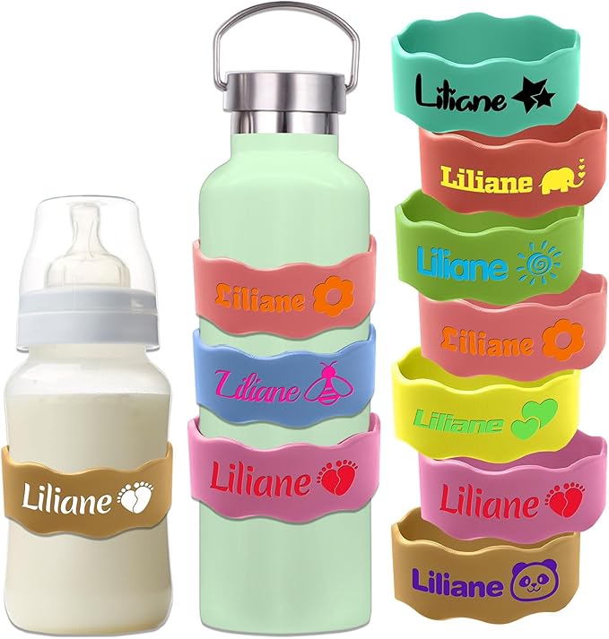 Custom Baby Bottle Labels for Daycare Silicone Water Bottle Name Bands Personalized Reusable Baby Bottle Straps for Kids Cups School(Brown)