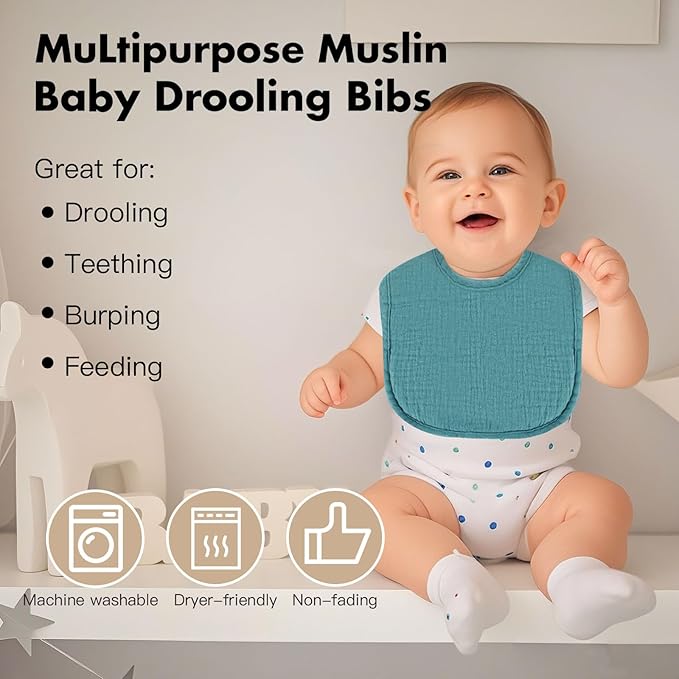 Drool Bibs for Baby Boys & Girls, 8 Pack Muslin Baby Bibs for Drooling and Teething with Hidden Pocket, Soft Cotton, Extra Absorbent, Mess-proof, for Toddler, Newborn, Infant