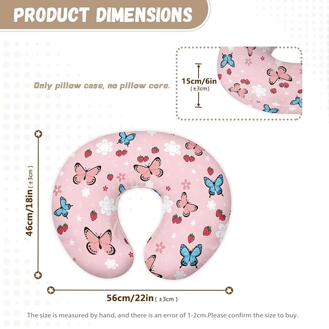 Butterfly Strawberry Print Nursing Pillow Cover for Infant Boy Girls Baby Breastfeeding Pillow Cover with Hidden Zipper, Neutral Nursing Pillow Slipcover, Soft and Breathable