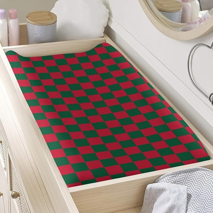 Red and Green Checkered Changing Pad Cover for Baby Girls Boys Cartoon Breathable Diaper Change Table Sheet Soft Stretchy Cute Change Table Mat Cover Fit 32x16