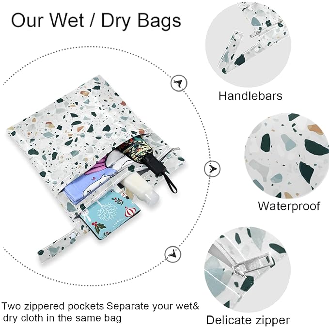 visesunny Venetian Style Natural Stone Granite Quartz Marble Pattern 2Pcs Wet Bag with Zippered Pockets Washable Reusable Roomy for Travel,Beach,Pool,Daycare,Stroller,Diapers,Dirty Gym Clothes, Wet Sw