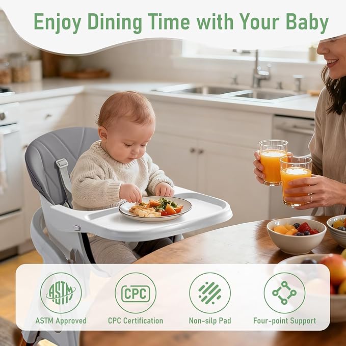 Baby High Chair, Babies and Toddlers Convertible Slim High Chair with 6 Growing Stages from Infant to Toddler Seating with Removable Tray, Easy to Clean,Gray Cushion