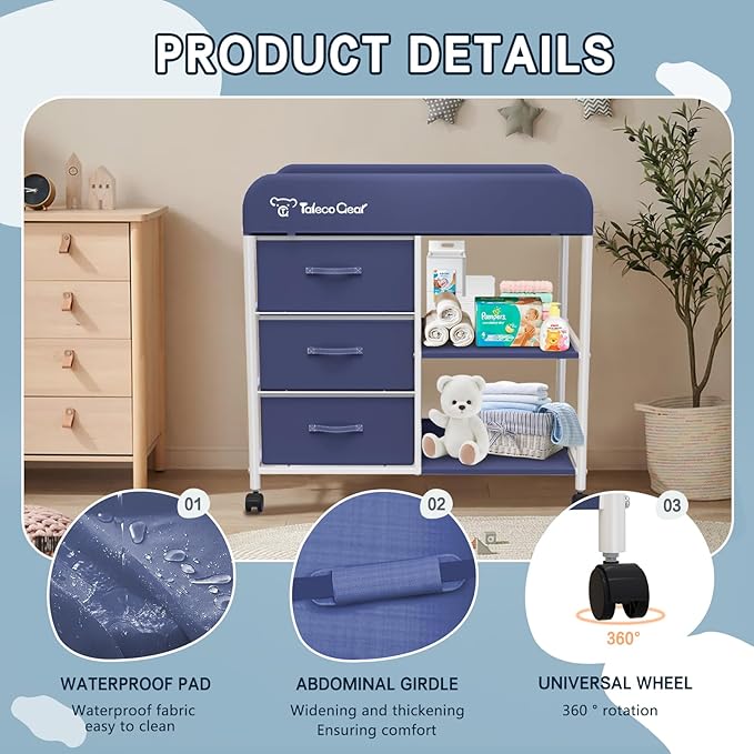 Baby Changing Table, Portable Changing Table, Diaper Changing Station with Waterproof Pad, Changing Table Dresser with 3 Storage Baskets, Mobile Nursery Organizer for Newborn Essentials