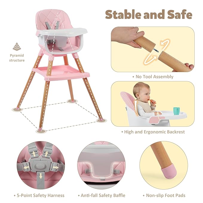 TODEFULL 8 in 1 Wooden High Chairs for Babies Toddlers, Convertible to Booster Seat, Baby Feeding Highchair w/ 5-Point Safety Harness, Removable Tray & Cushion, Pink