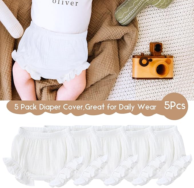 5pcs Toddler Baby Girls Boy White Ruffled Bloomers Diaper Cover Cotton Linen Bloomer Shorts Underwear