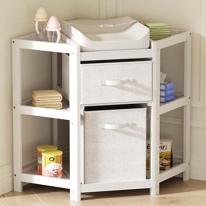 XJD Baby Corner Changing Table 2 Storage Drawers, Infant Diaper Changing Table Diaper Changing Station and Contoured Pad for Baby (White)