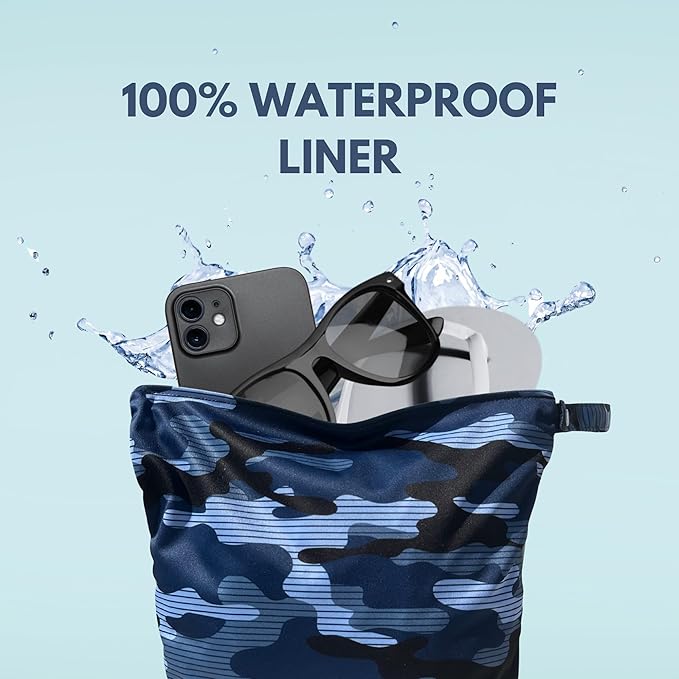 Wet Bag for Gym Clothes Blue Camo - 12.6" x 14.6" Waterproof, Smell Proof, Machine Washable Sweat Bags for Sweaty & Dirty Workout Gear, Dry Bags for Sports, Travel, Yoga, Swimsuits - Organizer