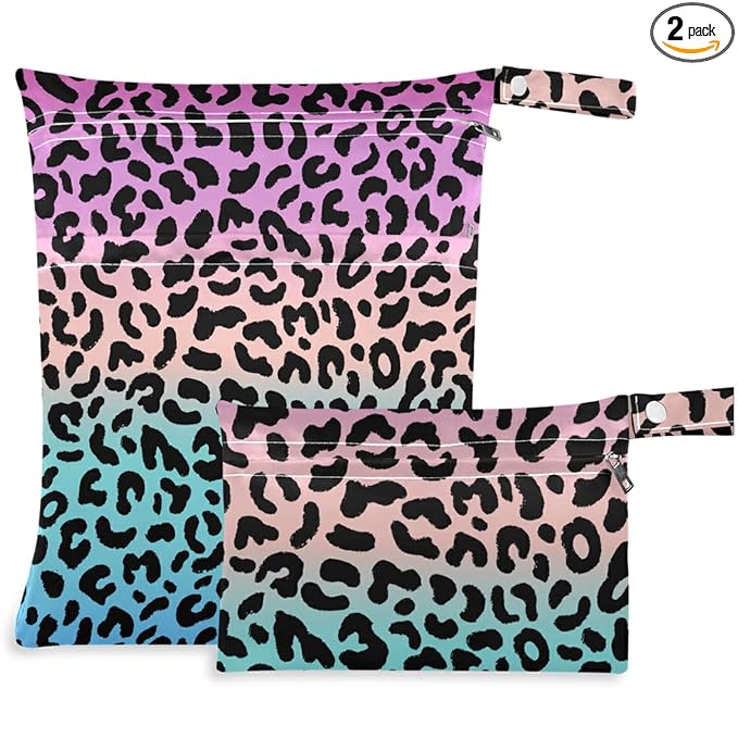 visesunny Colored Leopard Grain 2Pcs Wet Bag with Zippered Pockets Washable Reusable Roomy Diaper Bag for Travel,Beach,Daycare,Stroller,Diapers,Dirty Gym Clothes,Wet Swimsuits,Toiletries
