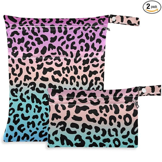 visesunny Colored Leopard Grain 2Pcs Wet Bag with Zippered Pockets Washable Reusable Roomy Diaper Bag for Travel,Beach,Daycare,Stroller,Diapers,Dirty Gym Clothes,Wet Swimsuits,Toiletries