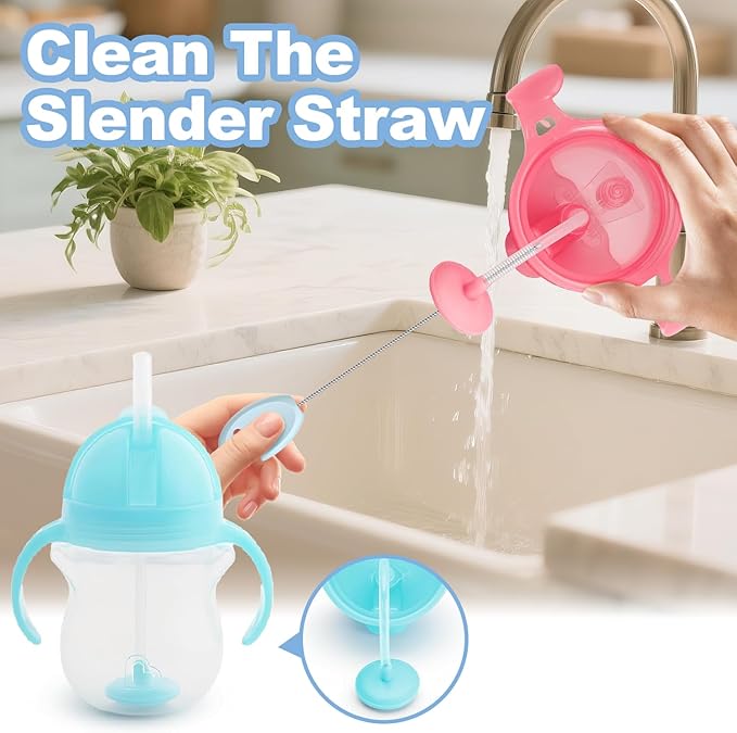 YOTIME 4 in 1 Straw Cleaner Brush Set, Reusable Standing Straw Brushes with Holder Ring, for Baby Bottles, Sippy Cups and Lids, Blue