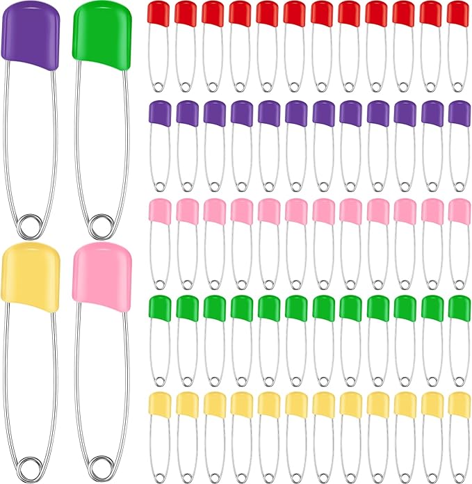 WILLBOND 100 Pcs Safety Pins 2.2 Inch Plastic Head Cloth Pins with Locking Closures Stainless Steel with Velvet Bag, Multicolored