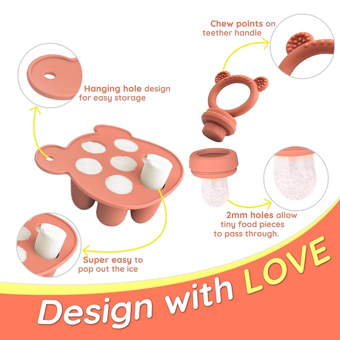 Infant Baby Fruit Feeder & Food Feeder, Breast Milk Popsicle Mold for purees, Baby Teething Relief teether,4pcs self Feeding Sets for Toddler, BPA Free 3 Month + (Muted)