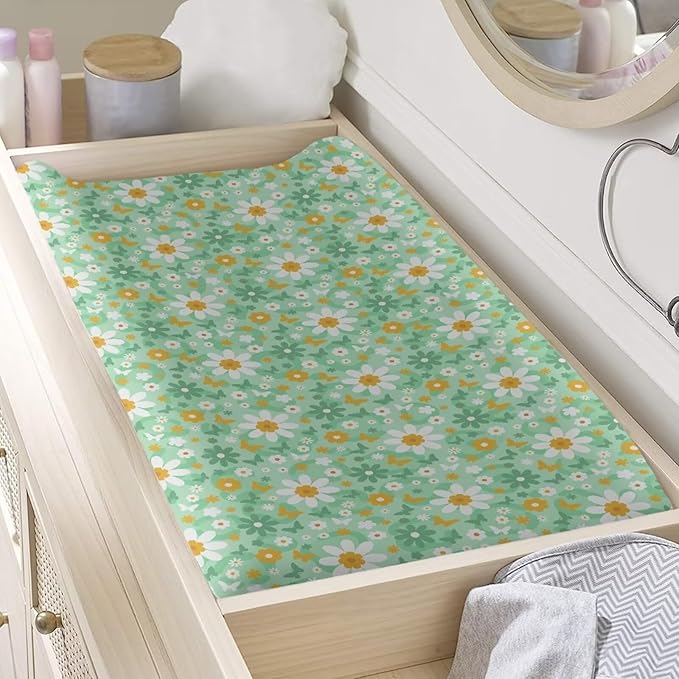 Butterfly Daisy Baby Diaper Changing Table Sheets Jersey Knit Breathable Changing Table Pad Cover for Infants Toddles 16 * 32 Inches
