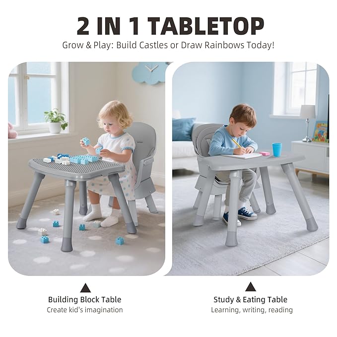 Baby High Chair, 8 in 1 Convertible Highchair, Booster Seat, Building Block/Activity Table, Stool, Feeding Chair with Dishwasher-Safe Tray, High Chairs for Babies and Toddlers (Gray)