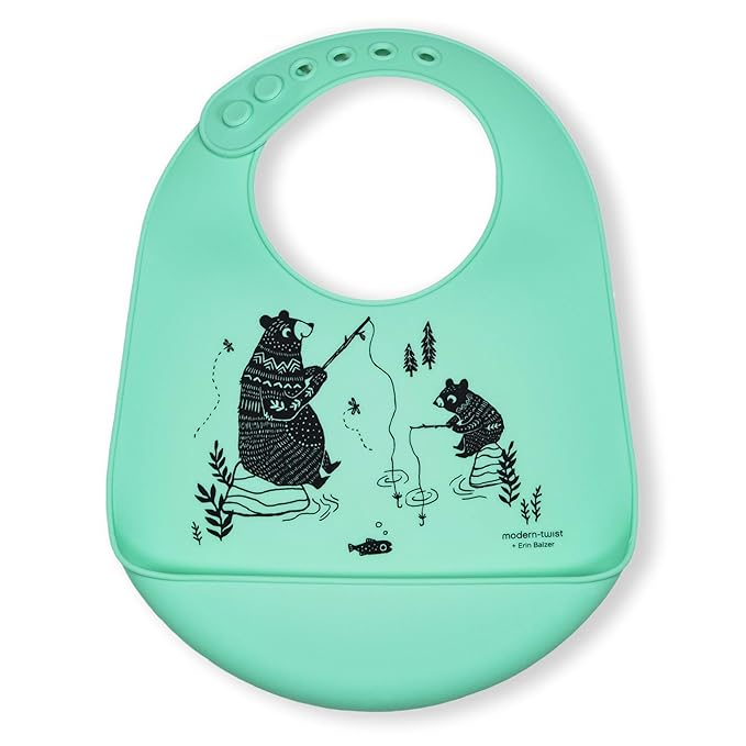 Modern Twist Bucket-Bib 100% Food-Grade Silicone, Waterproof and Reusable, Bear Family – Mint Green