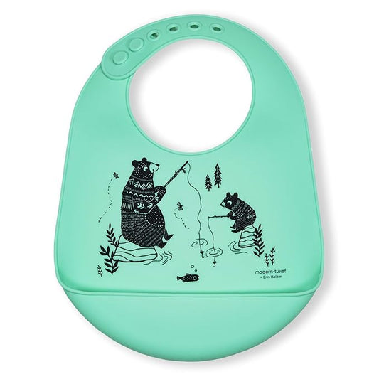 Modern Twist Bucket-Bib 100% Food-Grade Silicone, Waterproof and Reusable, Bear Family – Mint Green