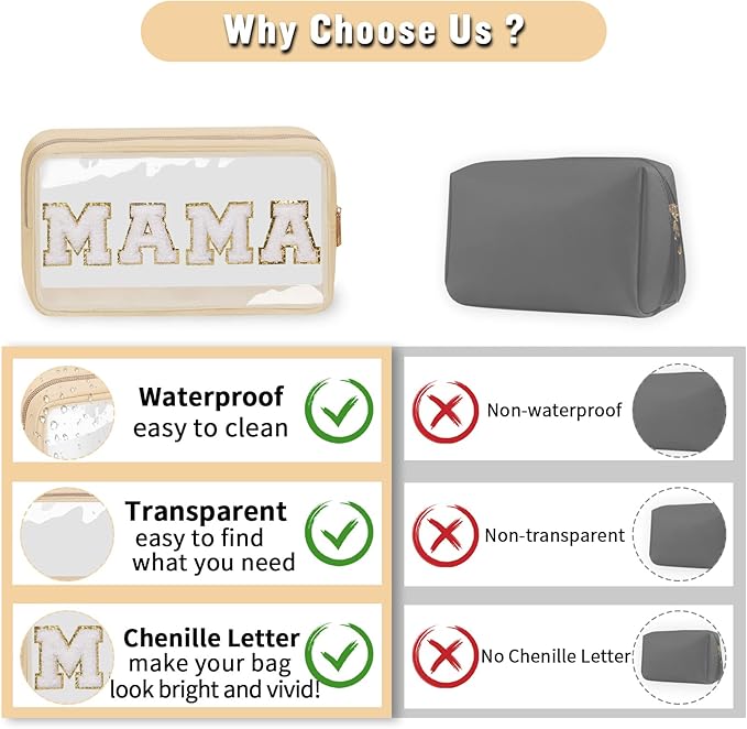 Chenille Letter Clear Makeup Bags Mama Pouch, Preppy Patch Makeup Bag with Zipper, Transparent PVC & Nylon Waterproof Portable Glitter Cosmetic Bag Travel Toiletry Storage for Women Girls(MAMA-Beige)