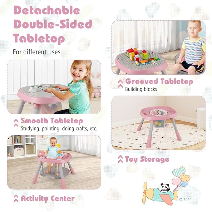 KOTEK 16 in 1 Convertible High Chair, Baby Highchair & Activity Center, Booster Seat, Building Block Table, Toddler Chair with 5-Point Harness, Removable Tray & Cushion (Pink)