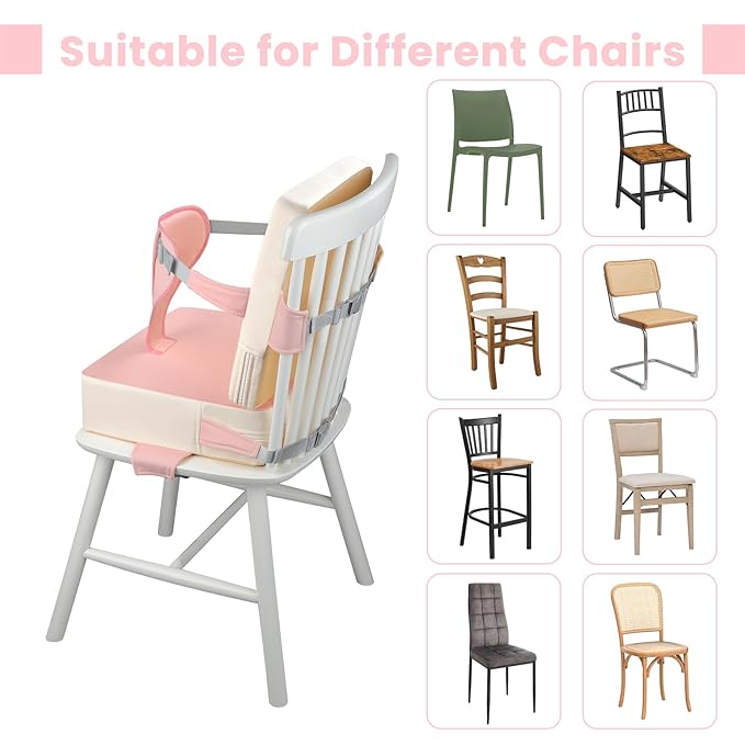 Toddler Booster Seat for Dining Table with Adjustable Straps, Kids Booster Seat for Kitchen Chair with Non-Slip Bottom, PU Anti-Scratch Portable Detachable Increasing Cushion (Pink)
