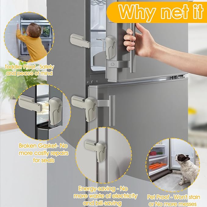 Fridge Lock for Kids(2-Pack) - Refrigerator Lock & Freezer Latch, Dual Mode, Child Proof, Bonus 2 Adhesive to Keep Freezer Door Closed - Keep Toddlers & Pets Safe(Gray)