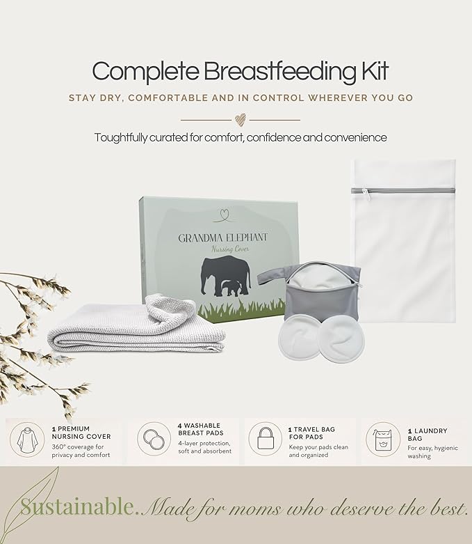 Set Premium Breast Feeding Covers for Women of All Body Types: Ultra Soft Stylish and Breathable Nursing Cover up for Breastfeeding + 4 Reusable Breast Pads for Nursing Comfort (Moonstone Gray)