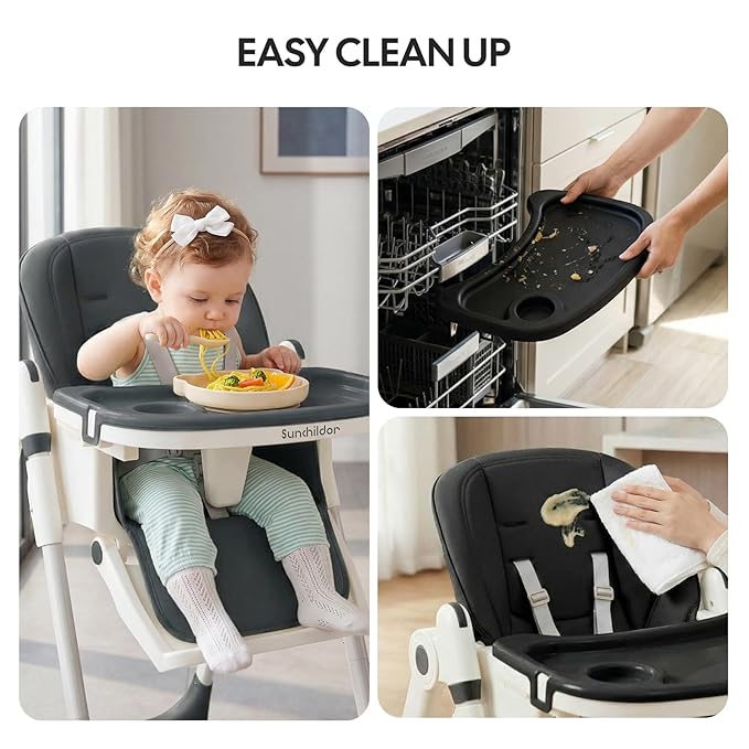 Sunchild 3-in-1 Baby High Chair with Wheels, 5-Point Harness, Tray, Footrest, and Backrest, Foldable and Adjustable for Toddlers 6-36 Months, Black