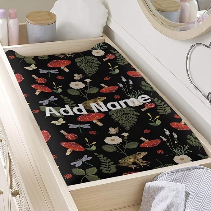 Custom Name Changing Pad Cover for Baby Girls Mushroom Frog Diaper Change Table Pad Covers Personalized Changing Pad Sheets Cover