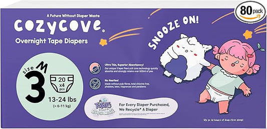Cozycove Size 3 M (13-24 lbs) Diapers, 80 Count, Totally Chlorine Free, Skin-Friendly Material | Snooze On Slim Overnight Tape Disposable Diapers | 4 Bags of 20