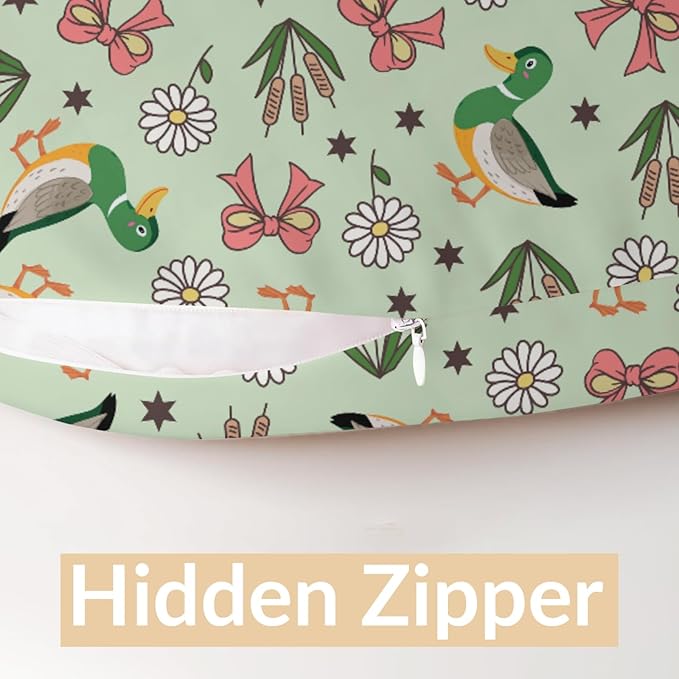 Cute Mallard Ducks Bows Reeds Nursing Pillow Covers Green Ducks Daisy Flowers Nursing Covers for Breastfeeding Hunting Season Pillow Slipcover for Baby Girls Boys Newborn