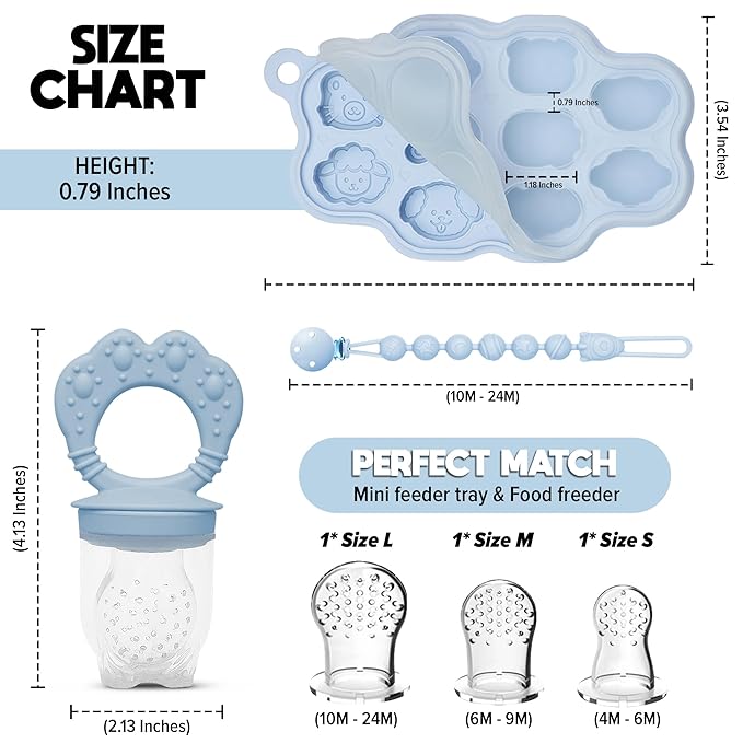 Set 1 : O’doe Silicone Baby Popsicle Molds & 1 Baby Food Feeders with 1 Clip, 1-Pack Freezer Tray with Lid, 10-Hole Popsicle Molds for Teething Relief, Includes 3 Extra Pacifiers, BPA Free (Blue)