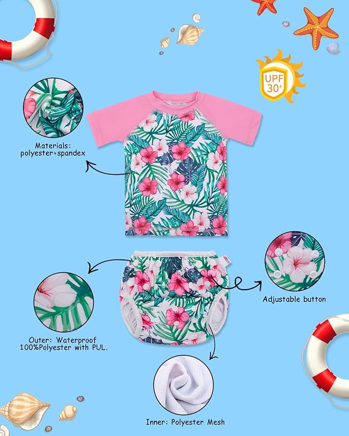ALVABABY Baby Girl Swimsuit, 2-Piece Infant Toddler Bathing Short Sleeve Swimwear, Small Baby Reusable Swim Diaper with Matching Top