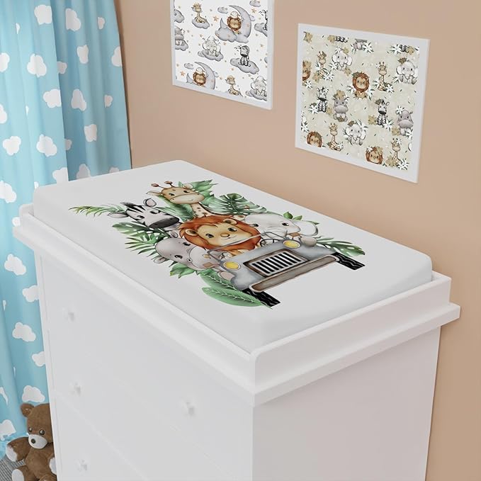 Jungle Safari Animals Truck Tropical Leaves Changing Pad Cover Lion Elephant Zebra Giraffe Hippo Diaper Change Table Sheets for Girl and Boy Soft Stretchy Fitted Changing Mat Sheets 32''x16''