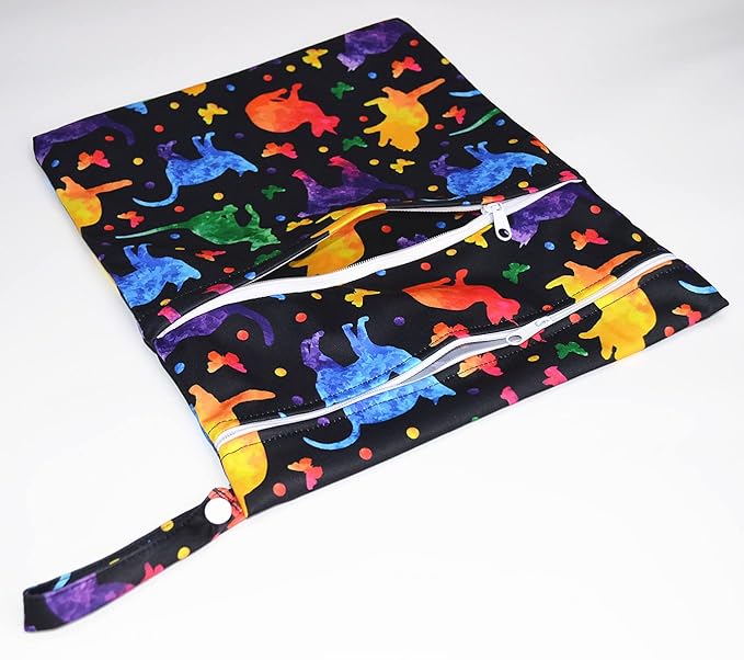Wet Dry Bag Baby Cloth Diaper Nappy Reusable Washable With Two Zippered Pockets (Cats Butterflies)