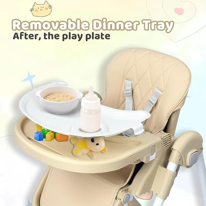 JOYMOR 4 in 1 Folding Baby High Chair for Babies to Toddlers, Infant Eating Foldable Highchair w/Leather Seat Cushion, 4-Position Removeable & Adjustable Tray, 5-Point Harness (Beige)