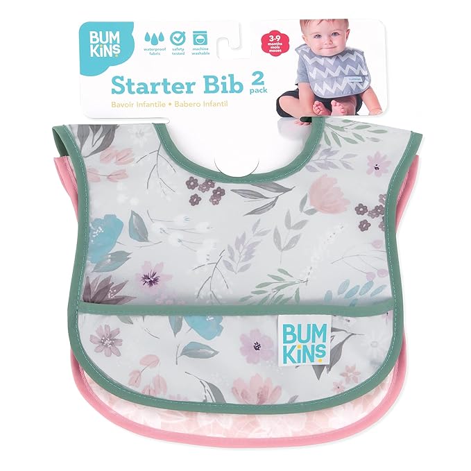 Bumkins Bibs, for Baby Girl or Boy, Infant 3-9 Months, Essential Must Have for Eating, Feeding, Baby Led Weaning, Mess Saving Waterproof Soft Fabric, Starter Bib 2-pk Floral and Lace Gray and Pink