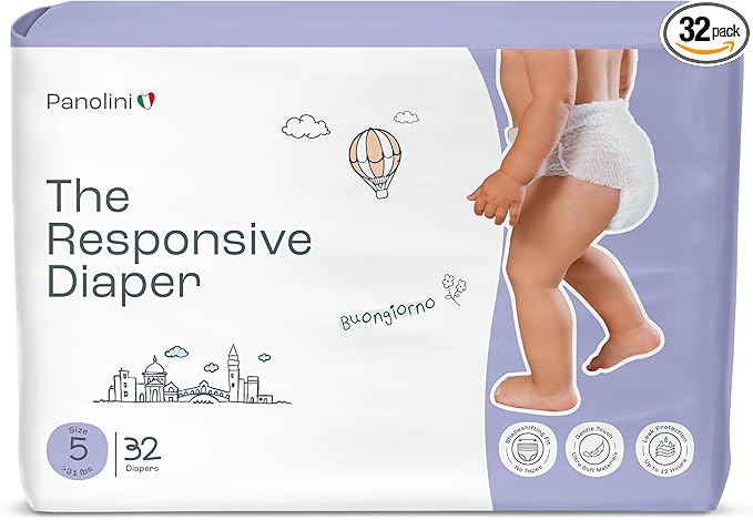 The Responsive Diaper Size 5 (31+ lbs), 32 Ct Italian Premium Design, No-Tape Flexible Fit Pull-Up Disposable Diapers for Babies, Soft, Unscented & Hypoallergenic, 12 Hrs Leak Protection