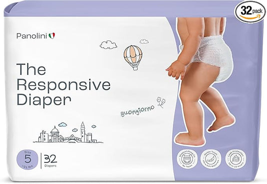 The Responsive Diaper Size 5 (31+ lbs), 32 Ct Italian Premium Design, No-Tape Flexible Fit Pull-Up Disposable Diapers for Babies, Soft, Unscented & Hypoallergenic, 12 Hrs Leak Protection