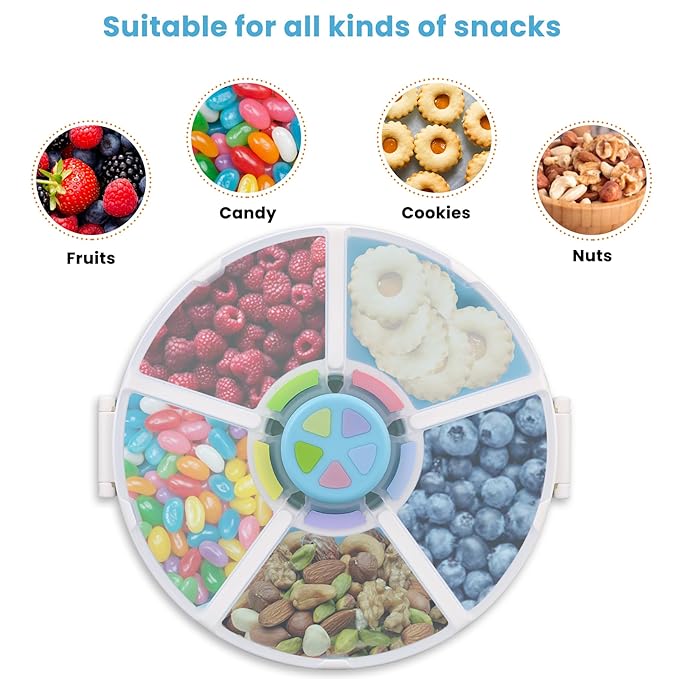Pawtong Snack Rotator Container Reusable Snack Box with 5 Compartment Dispenser and Lid, Color Matching Opening Lid, BPA and PVC Free, for Home, School, Travel (2 Pack- Blue)