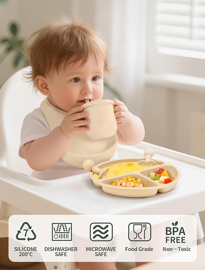Silicone Baby Feeding Set 9 Pcs, Spill-Proof Suction Plate, Bowl, Bib, Silicone spoon&forks, Wooden Spoons&forks, Training cup with straw and Sippy Cup, Baby Eating Utensils (Pink)
