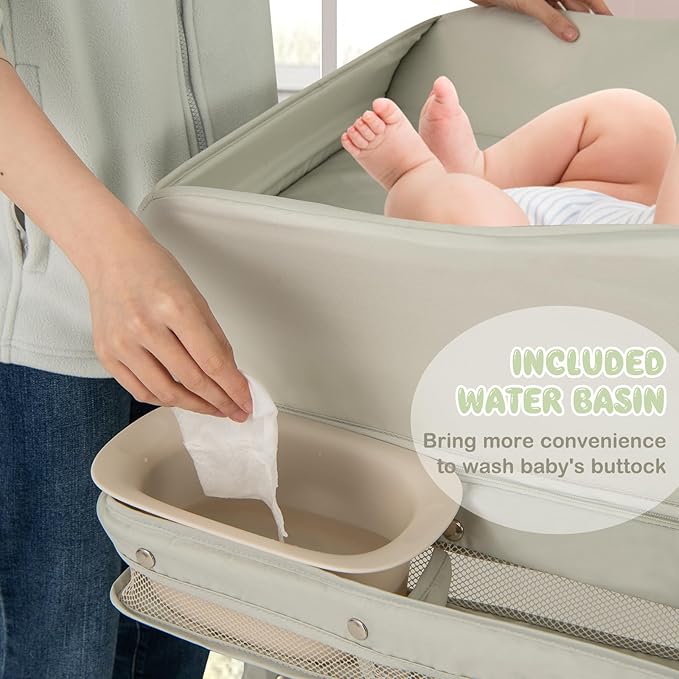 HONEY JOY Changing Table, Folding Mobile Diaper Nursery Organizer w/Wheel, 3 Adjustable Heights, Storage Bag & Open Shelf, Water Basin, Portable Baby Changing Station for Newborn Infant(Green)