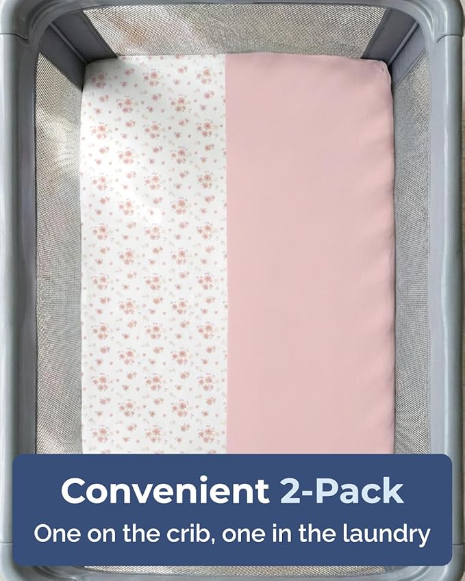 Pack and Play Sheets Fitted - 2 Pack Mini Crib Sheets for Pack N Play Mattress - Unisex Playard Microfiber Bedding for Boys & Girls - Soft, Breathable and Wrinkle Free - Oeko-Tex, 38 x 26in - Floral