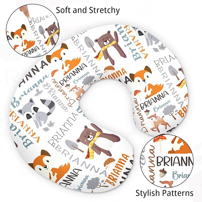 Baby Nursing Pillow Cover - Personalized Name Breastfeeding Pillow Cover with Animal Pattern, Stretchy Removable U-Shaped for New Moms, Soft Breathable Slipcover for Infant Boys Girls