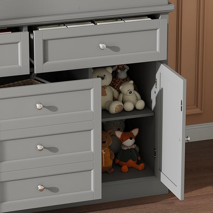 Nursery Dresser with Changing Table Top, 46" W Baby Dresser with 2 Drawers, Laundry Basket & Raised Guard, Infant Diaper Changing Storage Organize Station for Nursery and Baby Bedroom, Grey