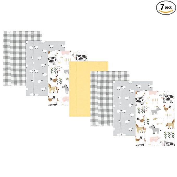 Hudson Baby Unisex Baby Cotton Flannel Burp Cloths, Cute Farm 7-Pack, One Size