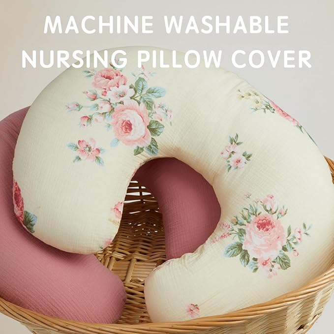 Nursing Pillow Cover, 2 Pack Muslin Nursing Cover for Breastfeeding Pillows, Infant Nursing Pillow Slipcover for Baby Boy Girl Newborn, 100% Cotton Feeding Pillow Covers, Only Cover (Pink Rose)