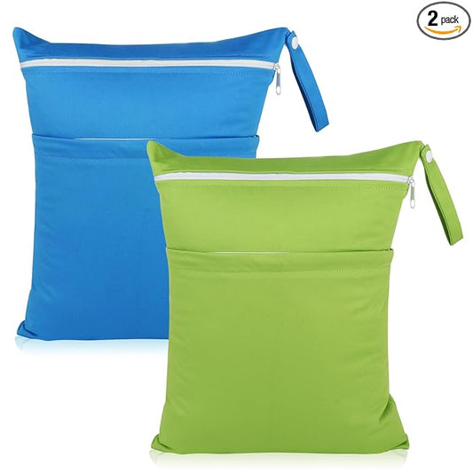 Angel Love Baby Cloth Diaper Wet/Dry Bags, 2 Pack With Two Zippered Pockets, Waterproof Washable Reusable for Travel, Beach, Pool, Gym, Swimsuits or Wet Clothes, L0109