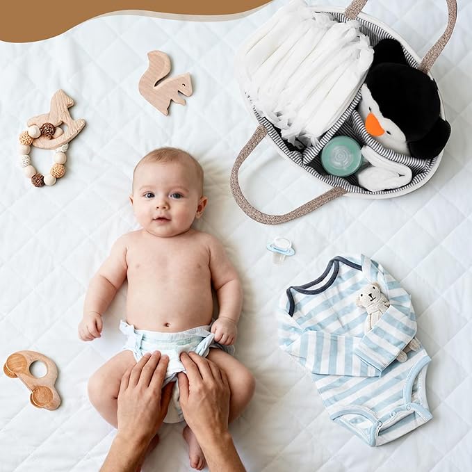 Macrame Diaper Caddy Organizer Cotton Rope Basket Boho Nursery Decor Cute Woven Tassel Portable Diaper Organizer for Changing Table Baby Shower Gifts for Newborn Essentials